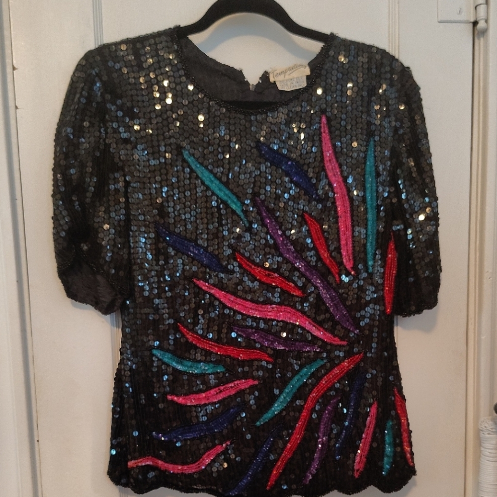 Temptations Black Sequin Blouse with Multicolor Accents